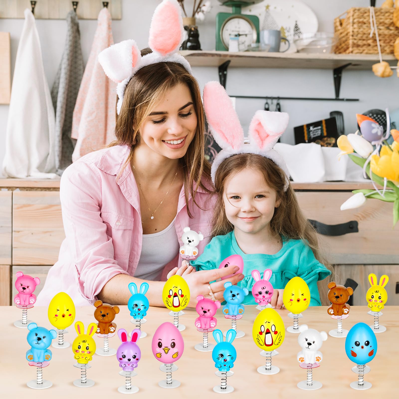 MGparty Easter gift bag display with popping toys enhances party atmosphere.