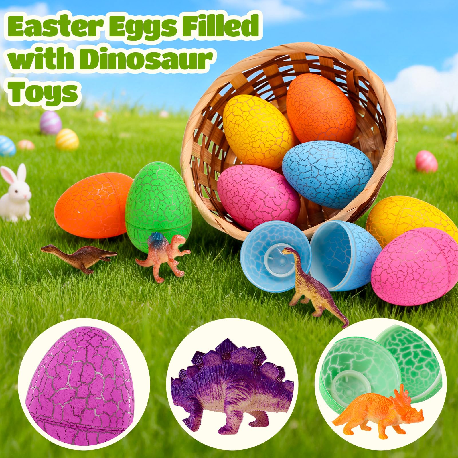MGparty prefilled Easter eggs with mini dinosaurs ready for indoor or outdoor hunts.