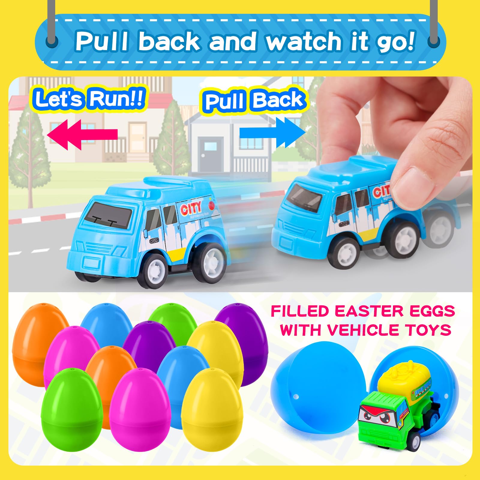 MGparty pull-back cars inside colorful eggs encourage active, screen-free play.
