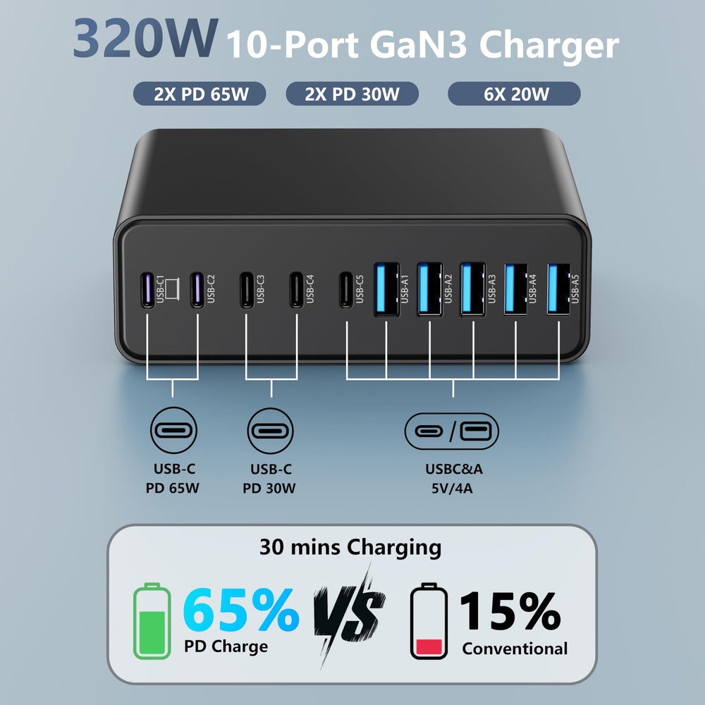 MGRNPONY 10-port charging station on a neat desk setup enables organized power.