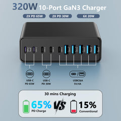 MGRNPONY 10-port charging station on a neat desk setup enables organized power.