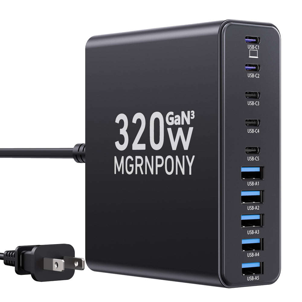MGRNPONY 320W USB-C Charger Block front view highlights ten ports for versatile charging.
