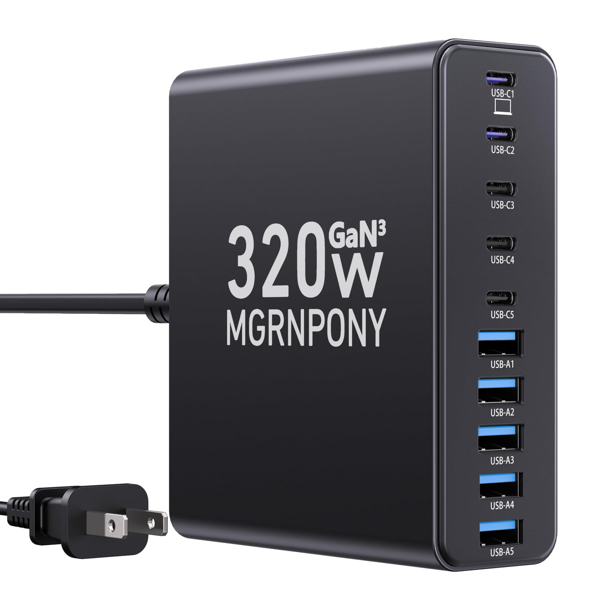 MGRNPONY 320W USB-C Charger Block front view highlights ten ports for versatile charging.