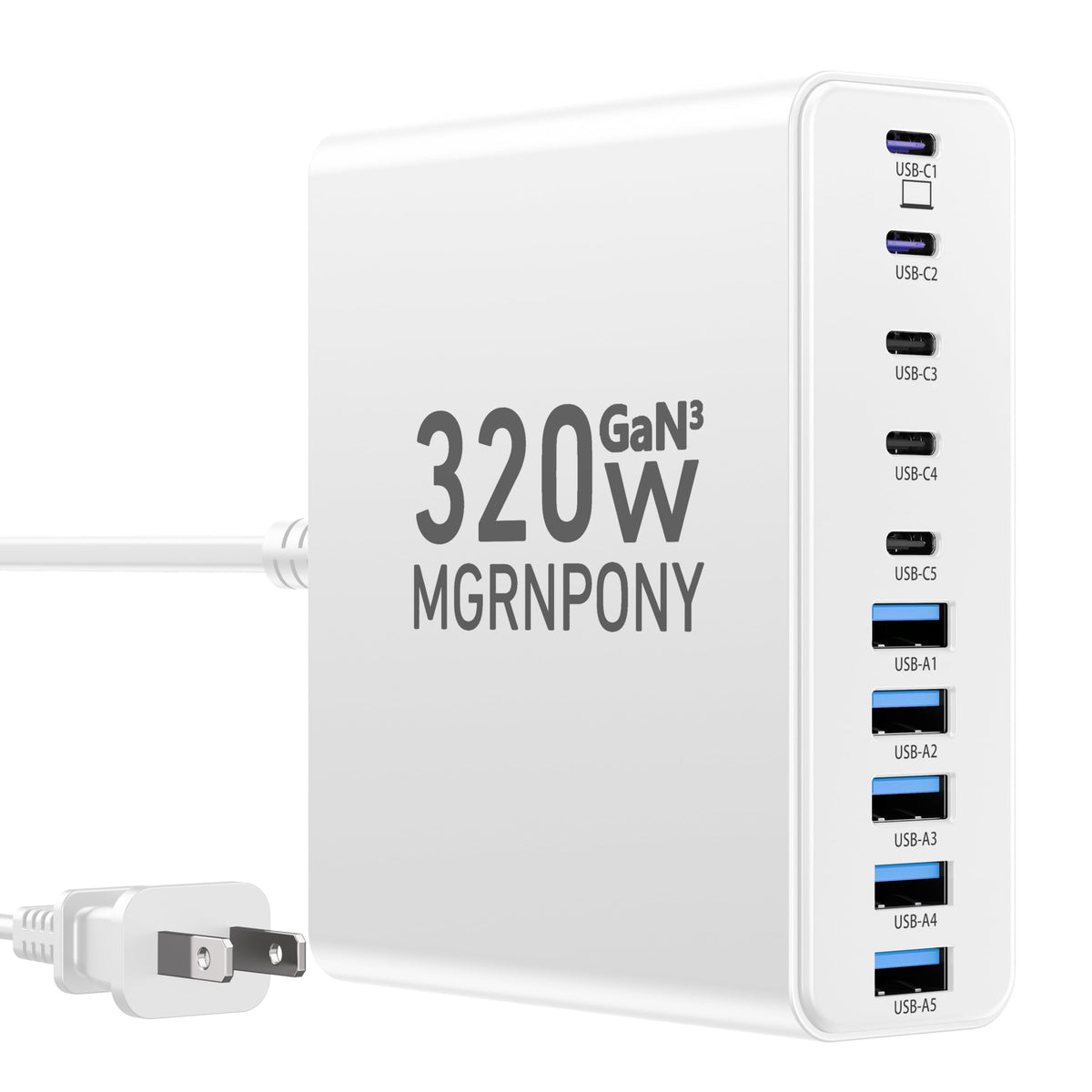 MGRNPONY 320W USB-C charger block, front view, rapid laptop and phone charging
