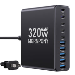 MGRNPONY 320W USB-C Charger Block front view highlights ten ports for versatile charging.
