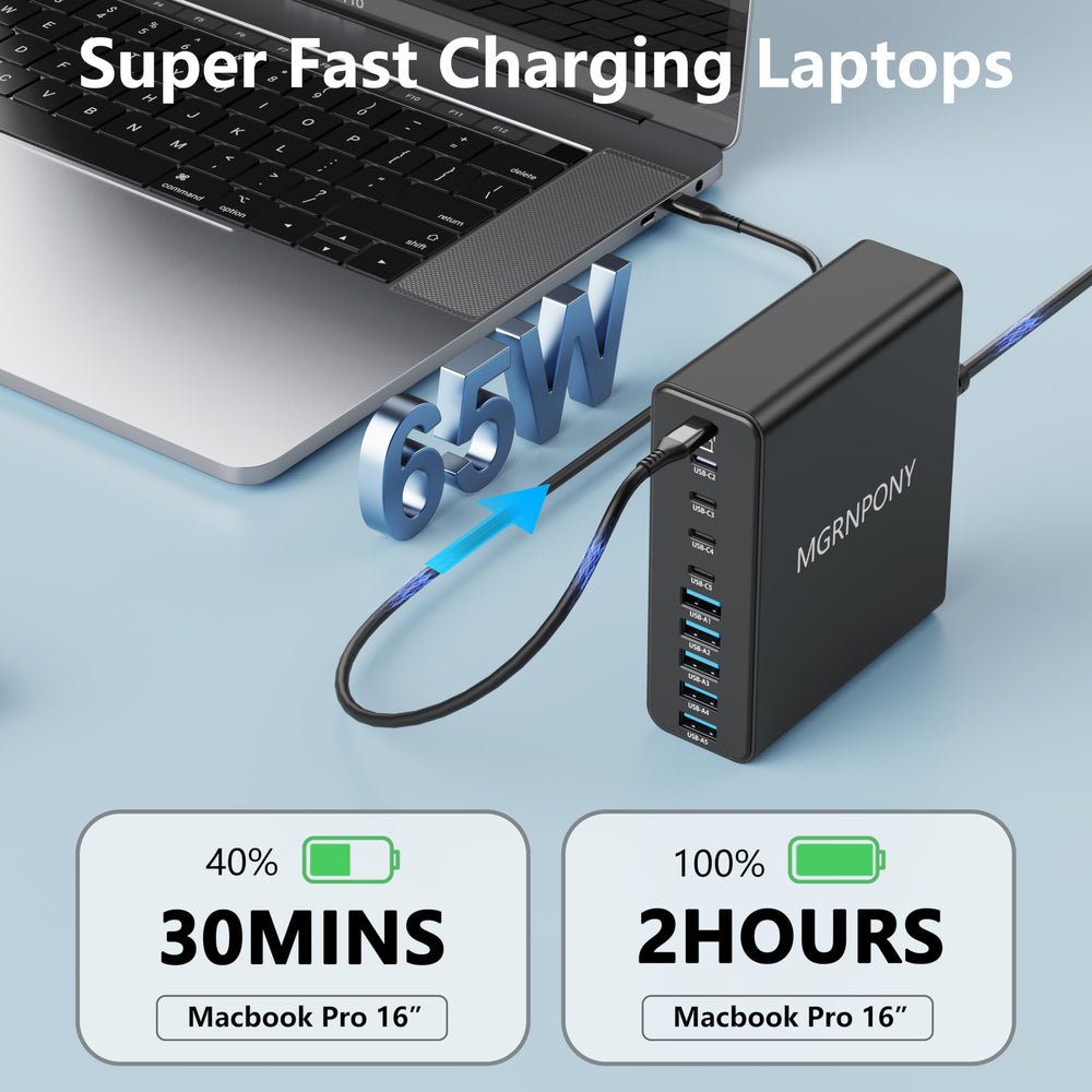MGRNPONY MacBook Pro charging via 65W PD demonstrates efficient laptop power delivery.