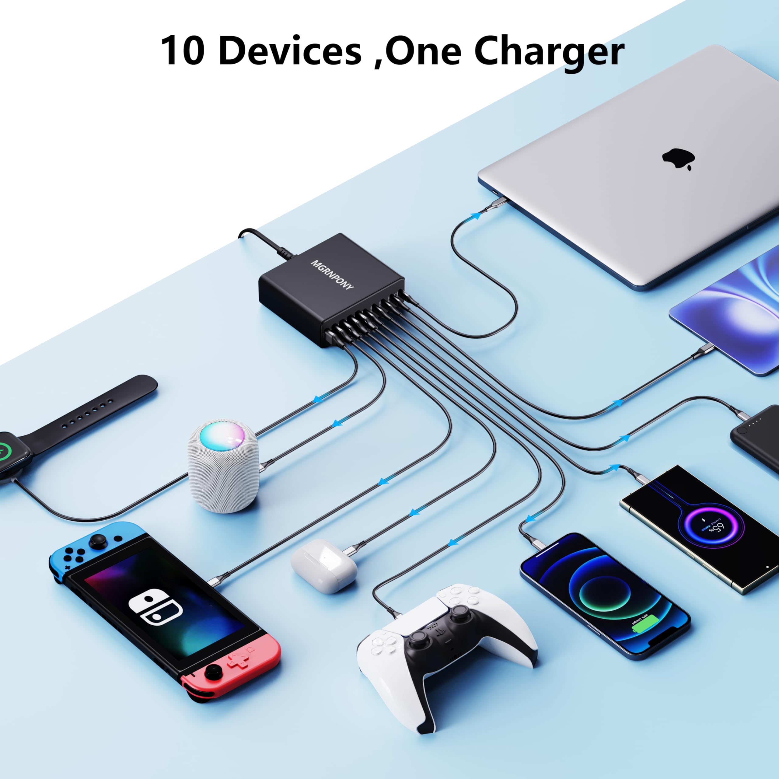 MGRNPONY compact travel-friendly charger fits in a bag powering devices on the go.