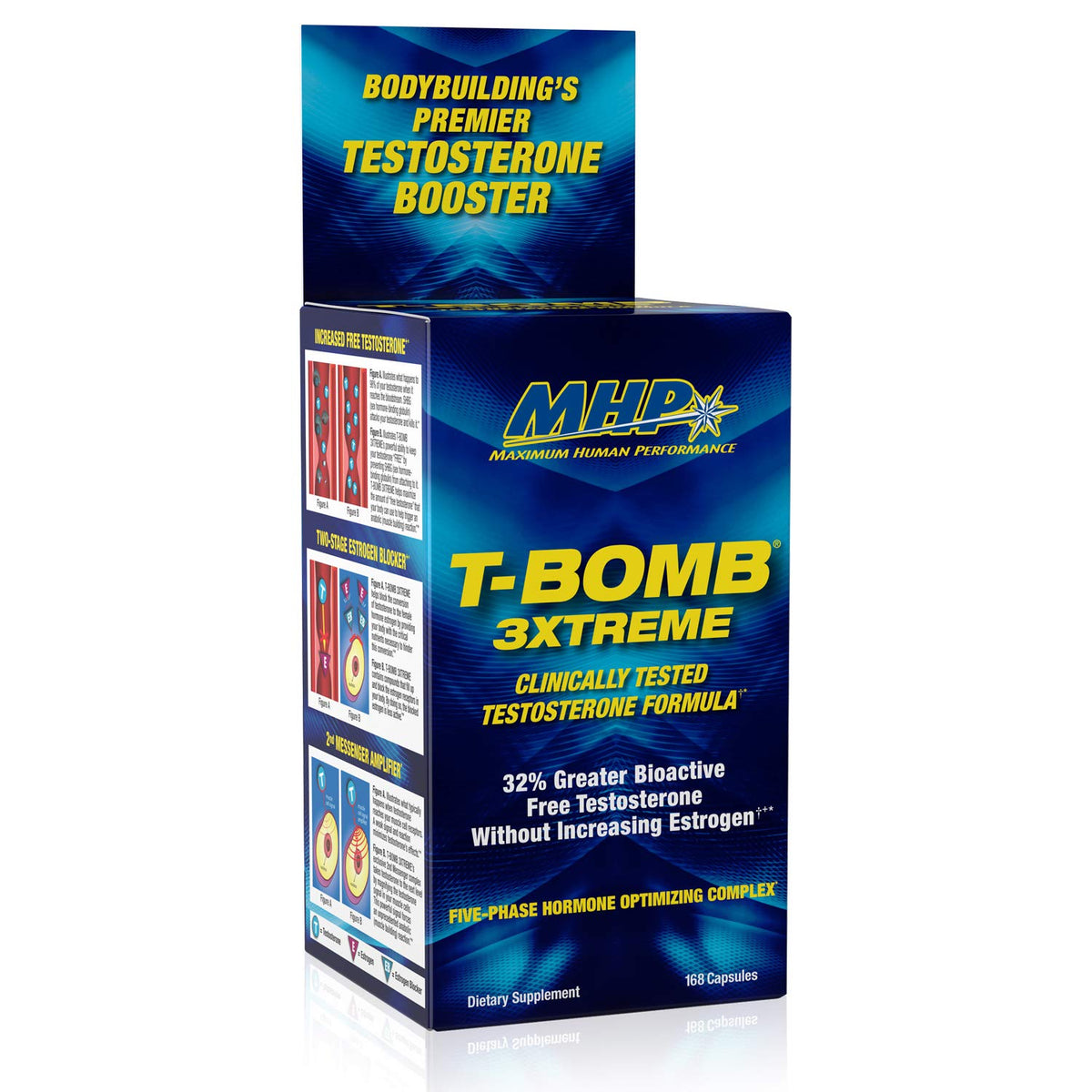 MHP T-Bomb 3xtreme bottle front for testosterone support and everyday strength.