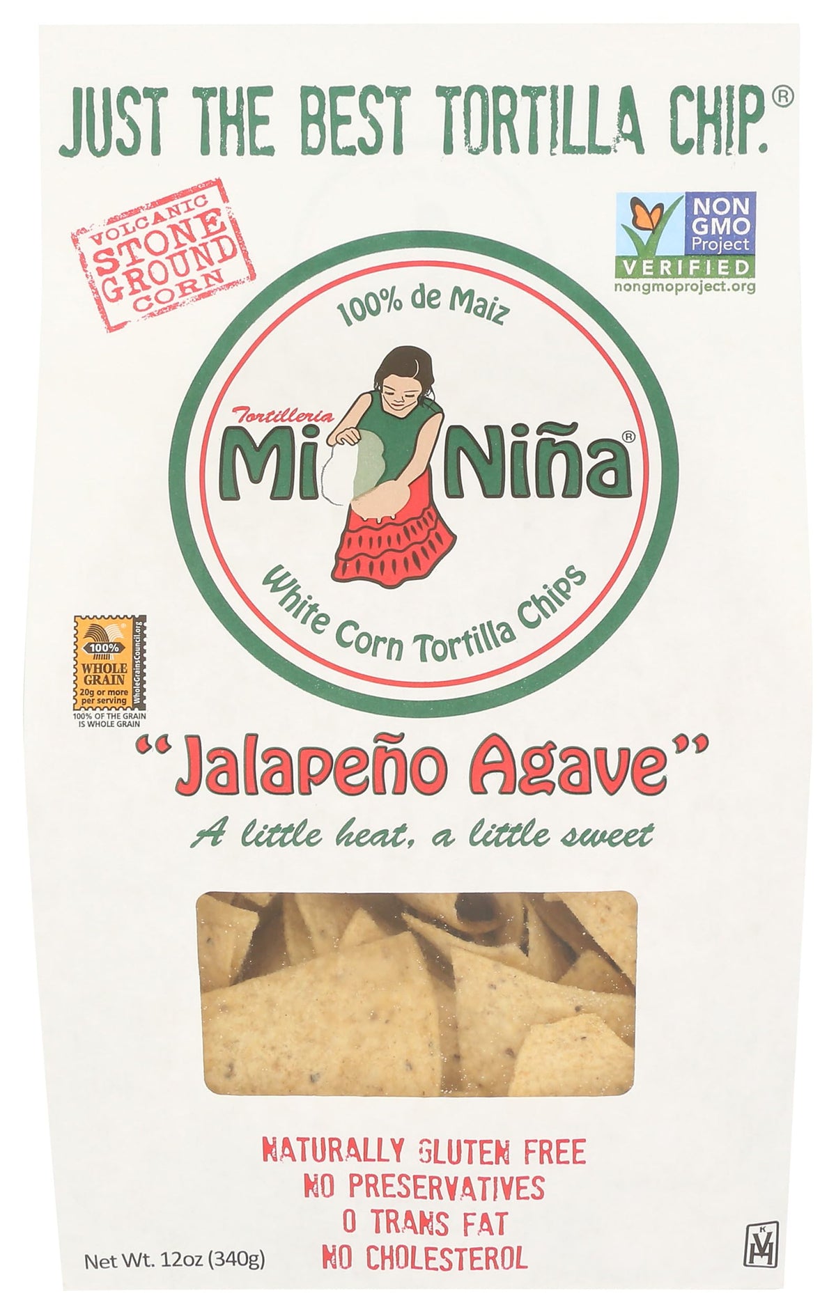 Mi Nina Jalapeño Agave tortilla chips in bag, crisp snack for sharing.