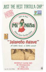 Mi Nina Jalapeño Agave tortilla chips in bag, crisp snack for sharing.