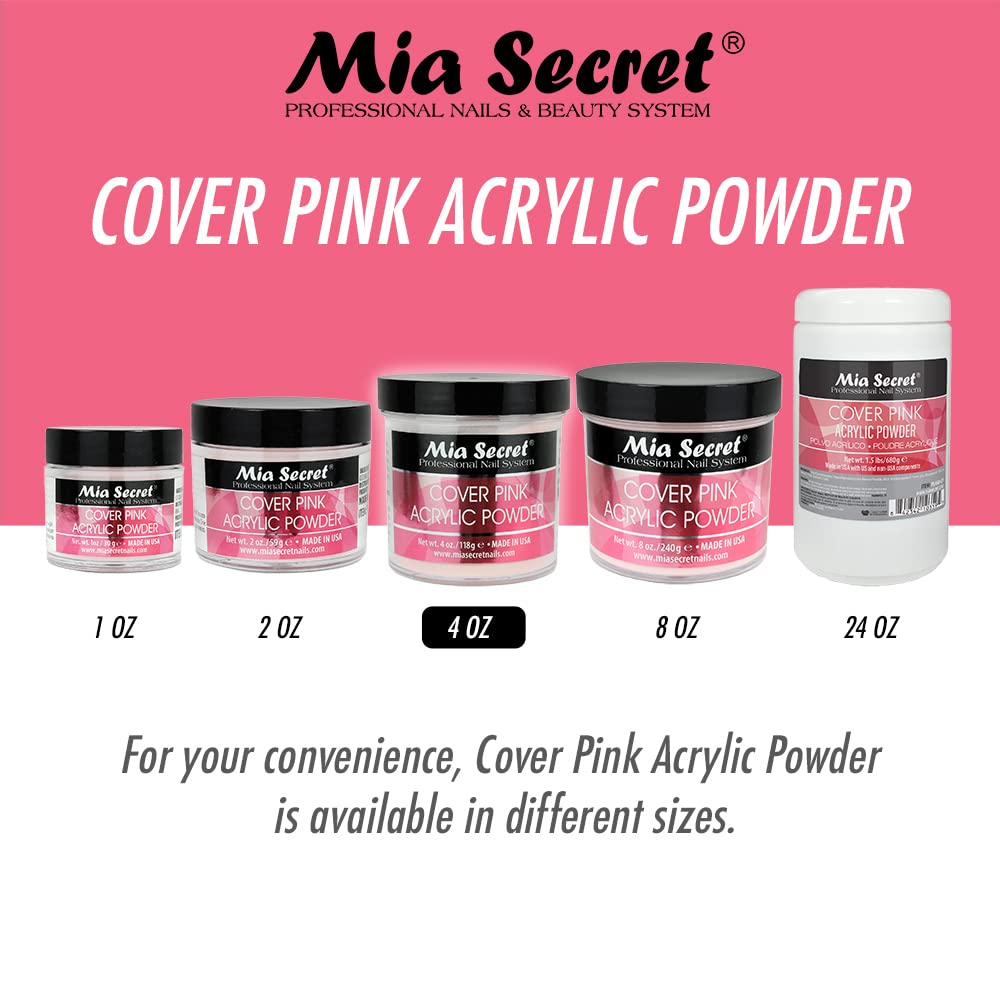 Mia Secret cover pink non-yellowing formula displayed in swatches.