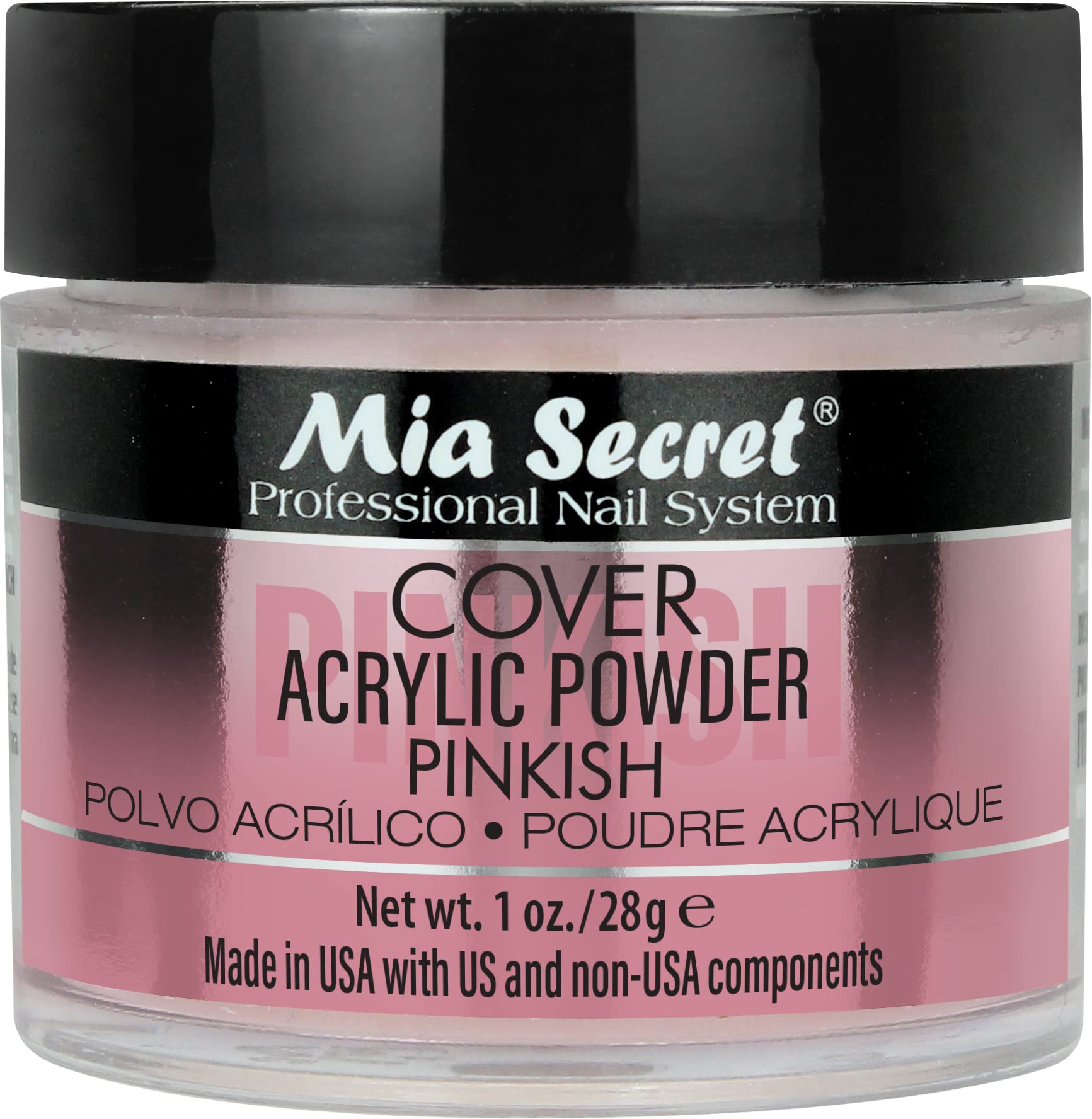 Mia Secret Cover Pinkish acrylic powder bottle shows creamy consistency for precise application.