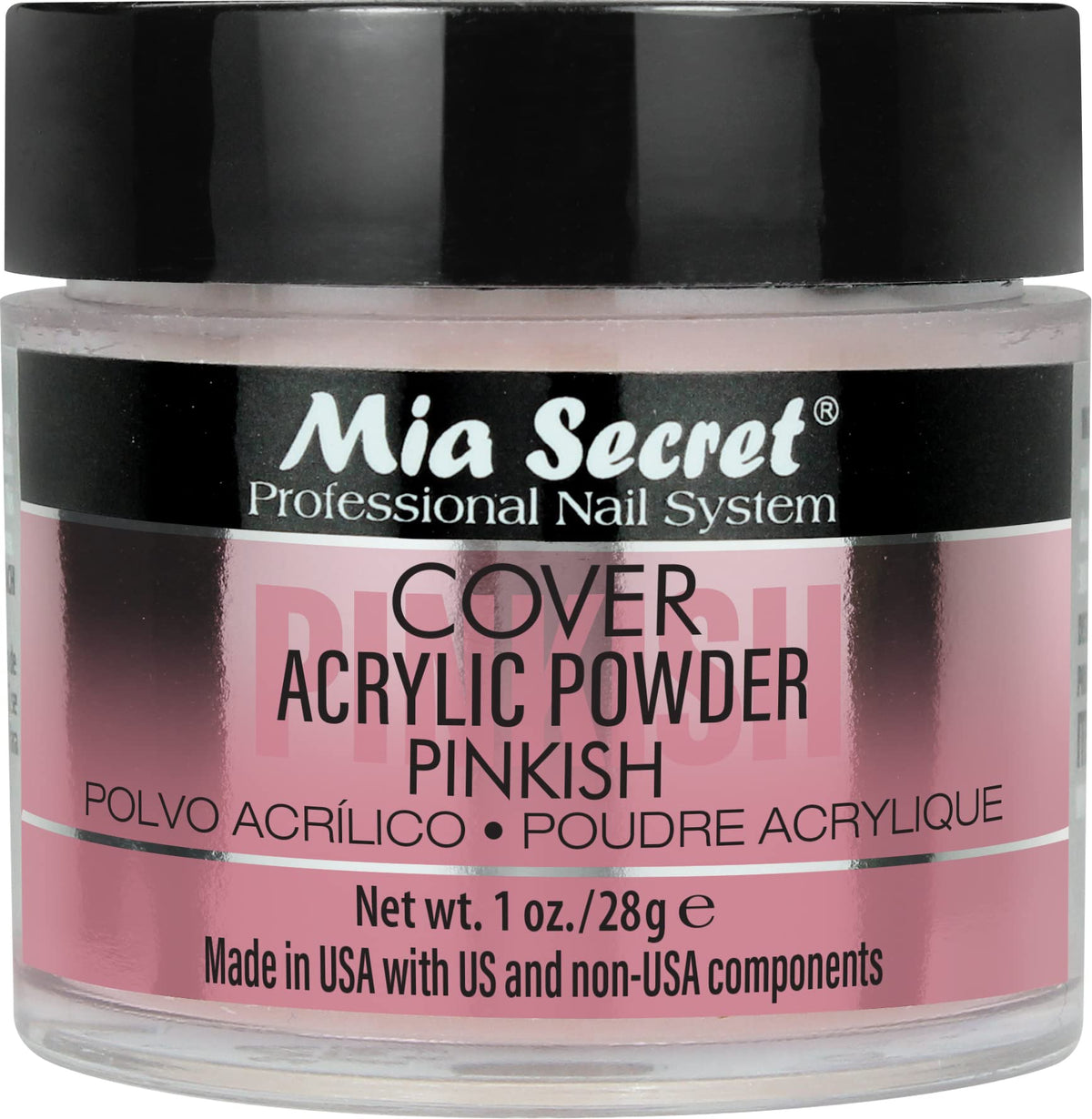 Mia Secret Cover Pinkish acrylic powder bottle shows creamy consistency for precise application.