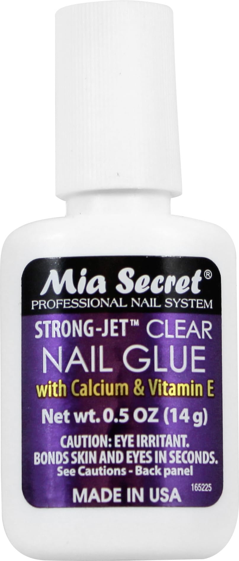 Mia Secret Strong-Jet bottle closeup shows rapid-dry bond for faster nails.