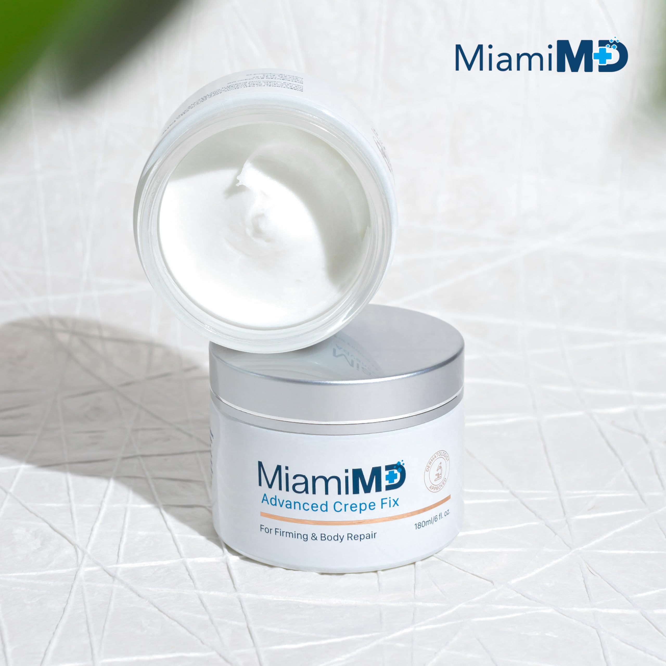 Lifestyle scene with MiamiMD Crepe Fix in a full-body routine.
