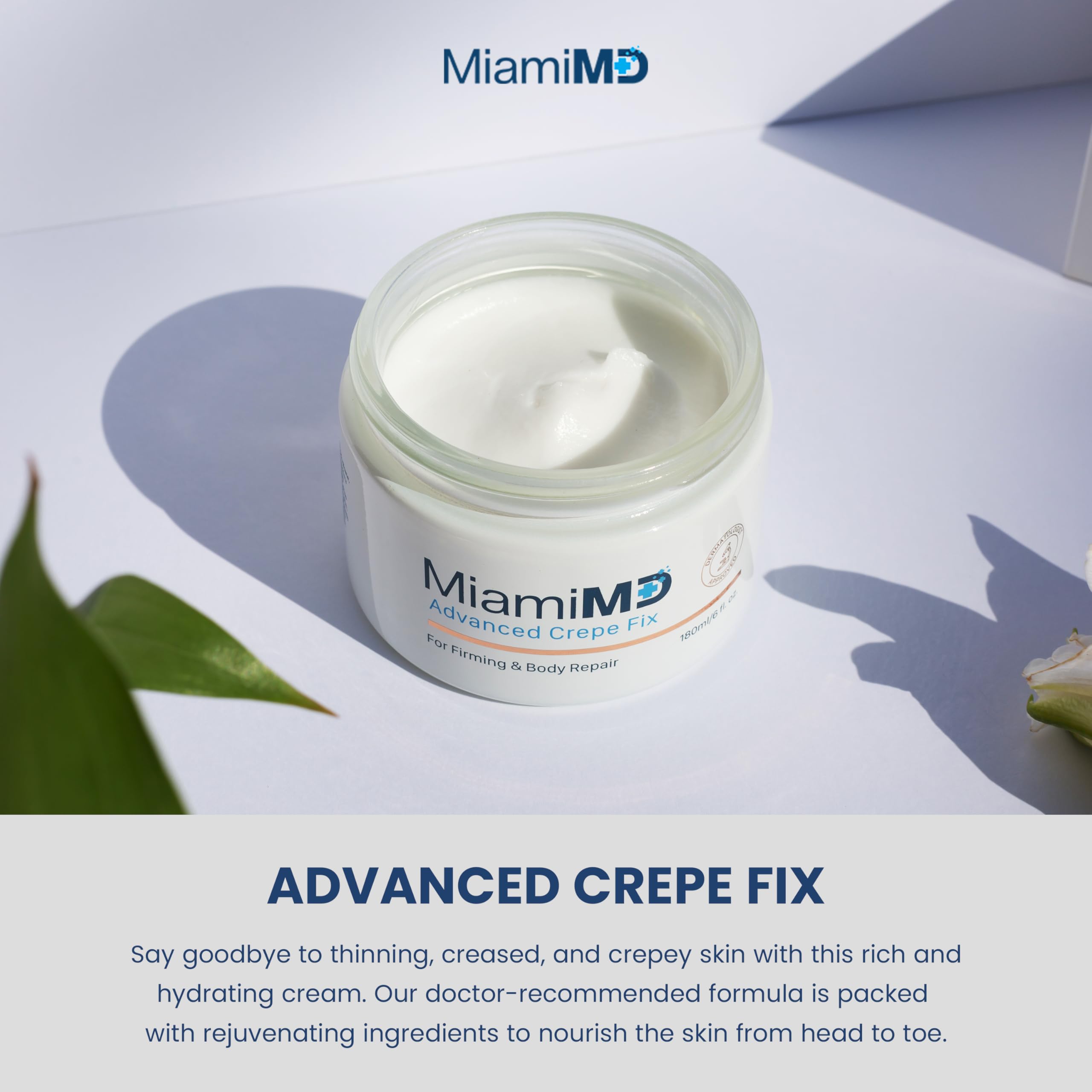 Close-up of MiamiMD Crepe Fix cream texture for easy absorption.
