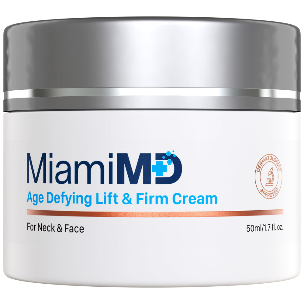 MiamiMD Age-Defying Lift & Firm Cream bottle close-up showing hydration-ready texture.