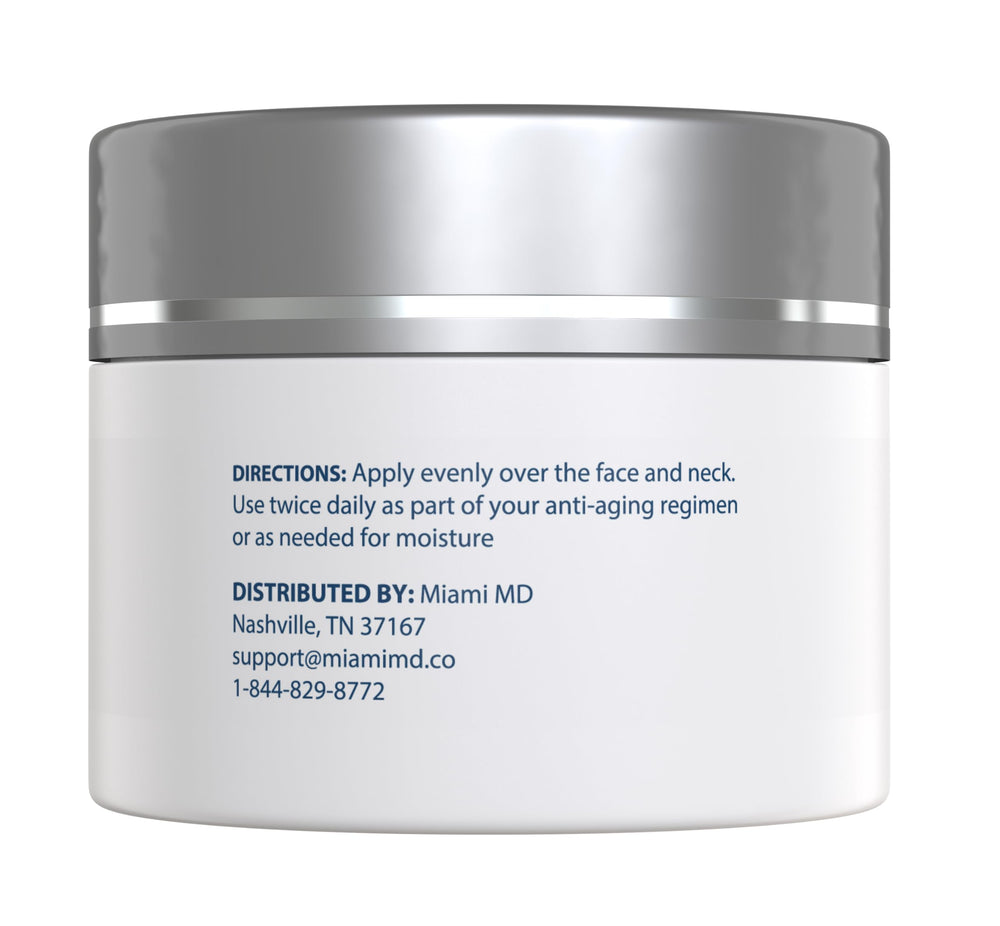 MiamiMD Lift & Firm Cream jar with cream swatch for smoothing texture.