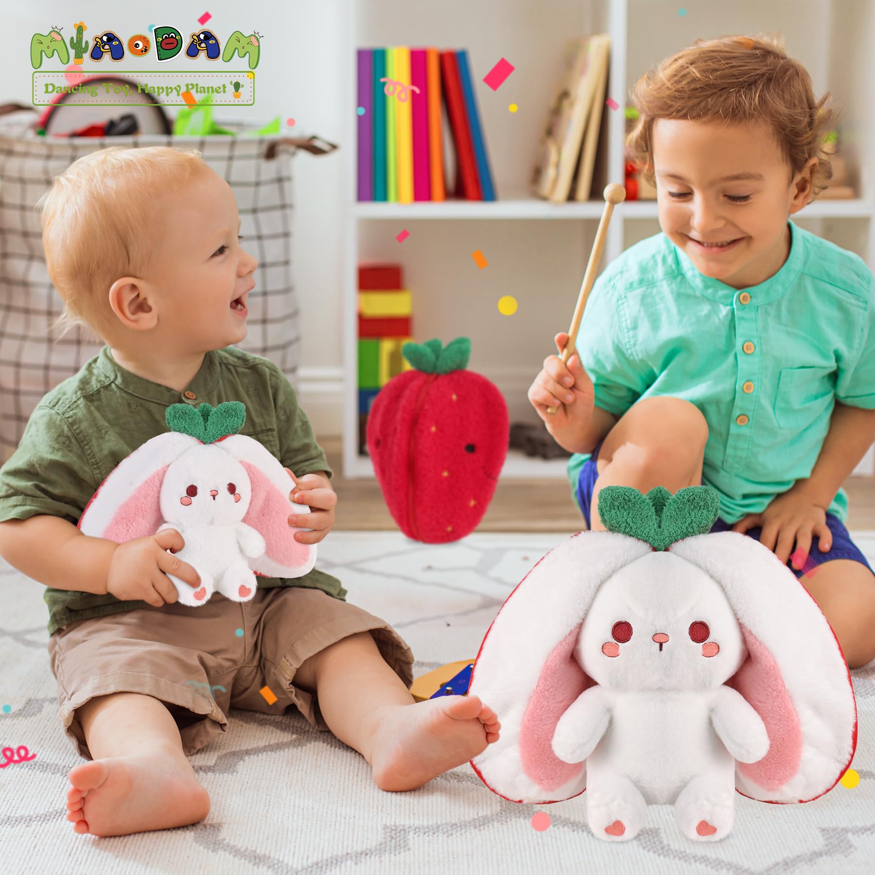 MIAODAM strawberry bunny plush – machine-washable for easy care.
