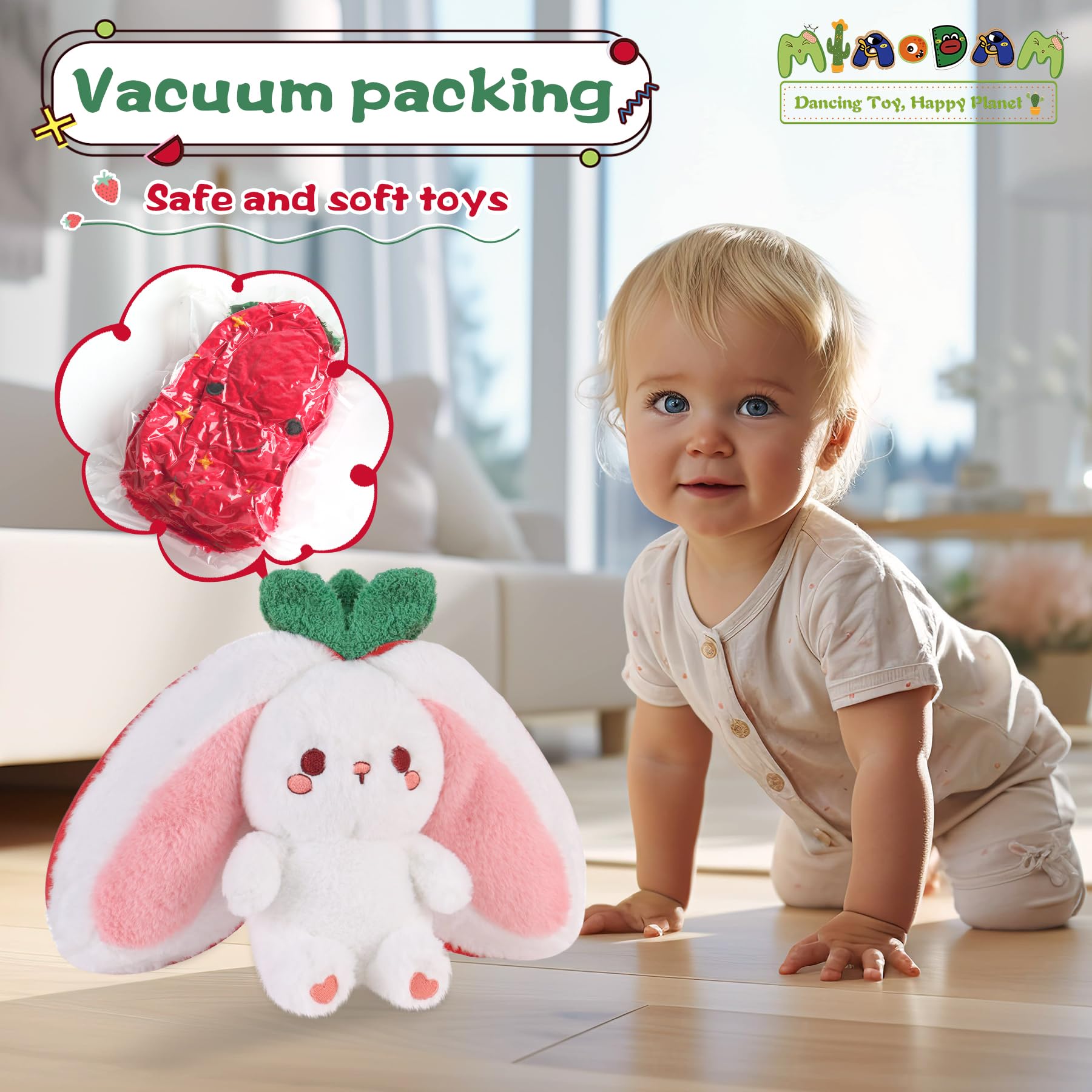 MIAODAM strawberry bunny plush – ready-made for gifting and nursery decor.
