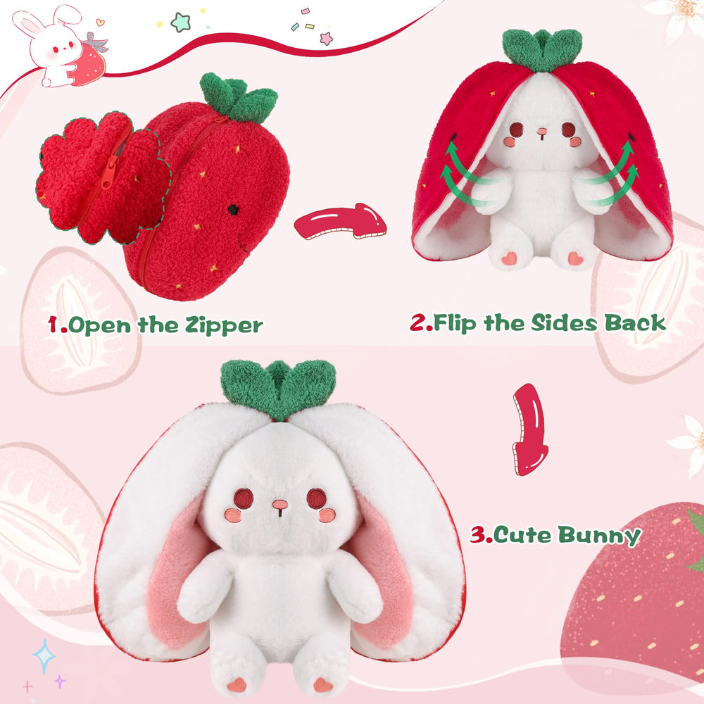 MIAODAM strawberry bunny plush – zip-flip design encourages imaginative play.