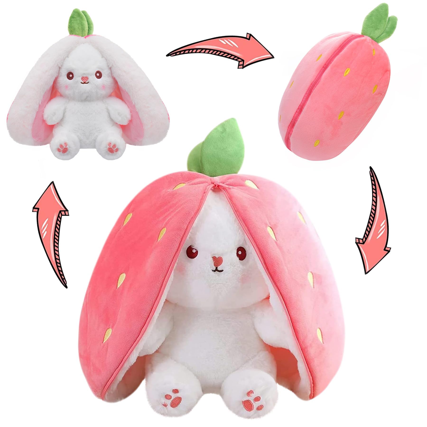 MIAODAM strawberry bunny stuffed, cuddly transformable plush for imaginative play.