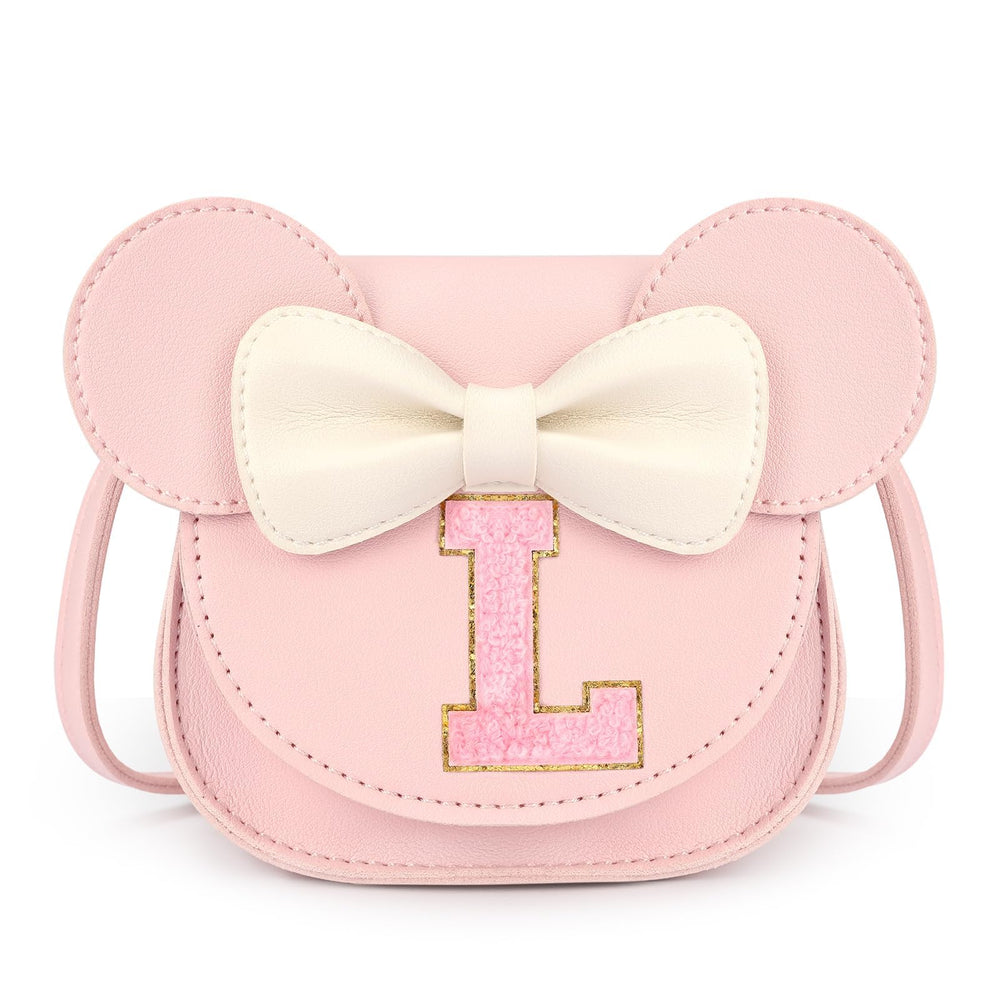 Mibasies pink toddler purse with letter L for personalized play and gifting.