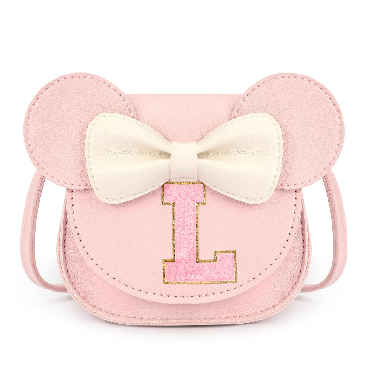 Mibasies pink toddler purse with letter L for personalized play and gifting.