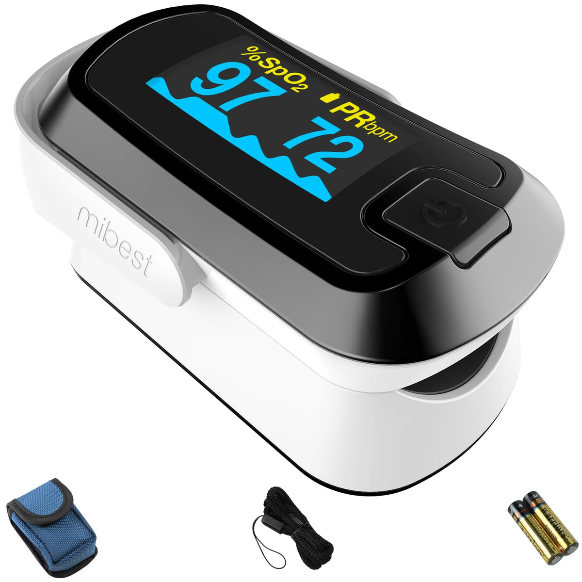 Mibest OLED Finger Pulse Oximeter front view showcases a compact travel-friendly design