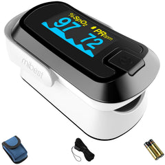 Mibest OLED Finger Pulse Oximeter front view showcases a compact travel-friendly design