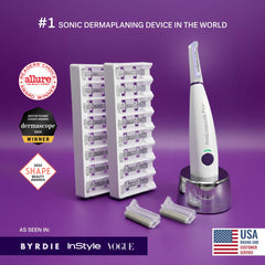 Michael Todd Sonicsmooth Pro+ peach fuzz removal on cheek for smoother makeup base.