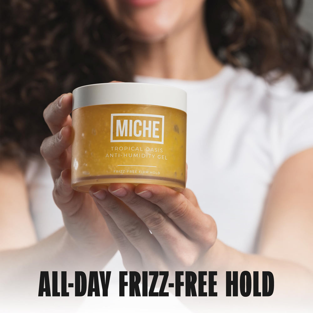 Miche Beauty Tropical Oasis curl-definition gel shows defined curls with flexible hold.