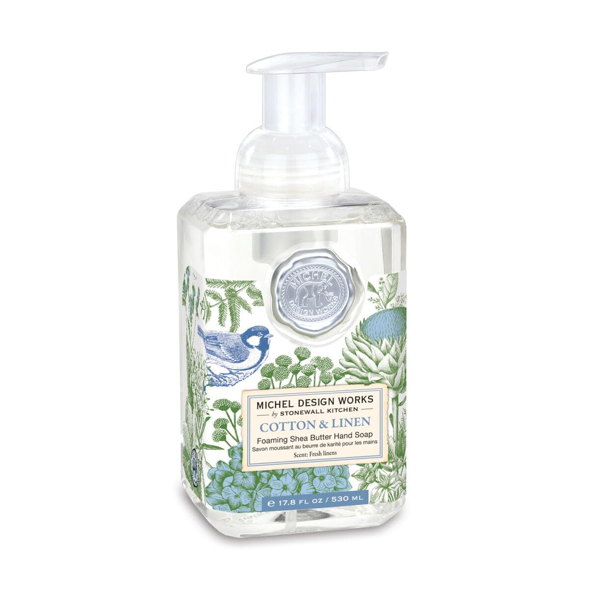 Michel Design Works Foaming Hand Soap in a square pump bottle for easy use.