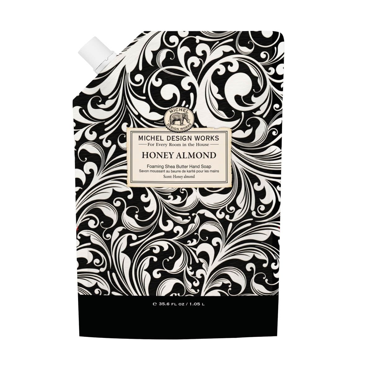 Michel Design Works Honey Almond Foaming Hand Soap bottle with rich lather for cleansing hands.