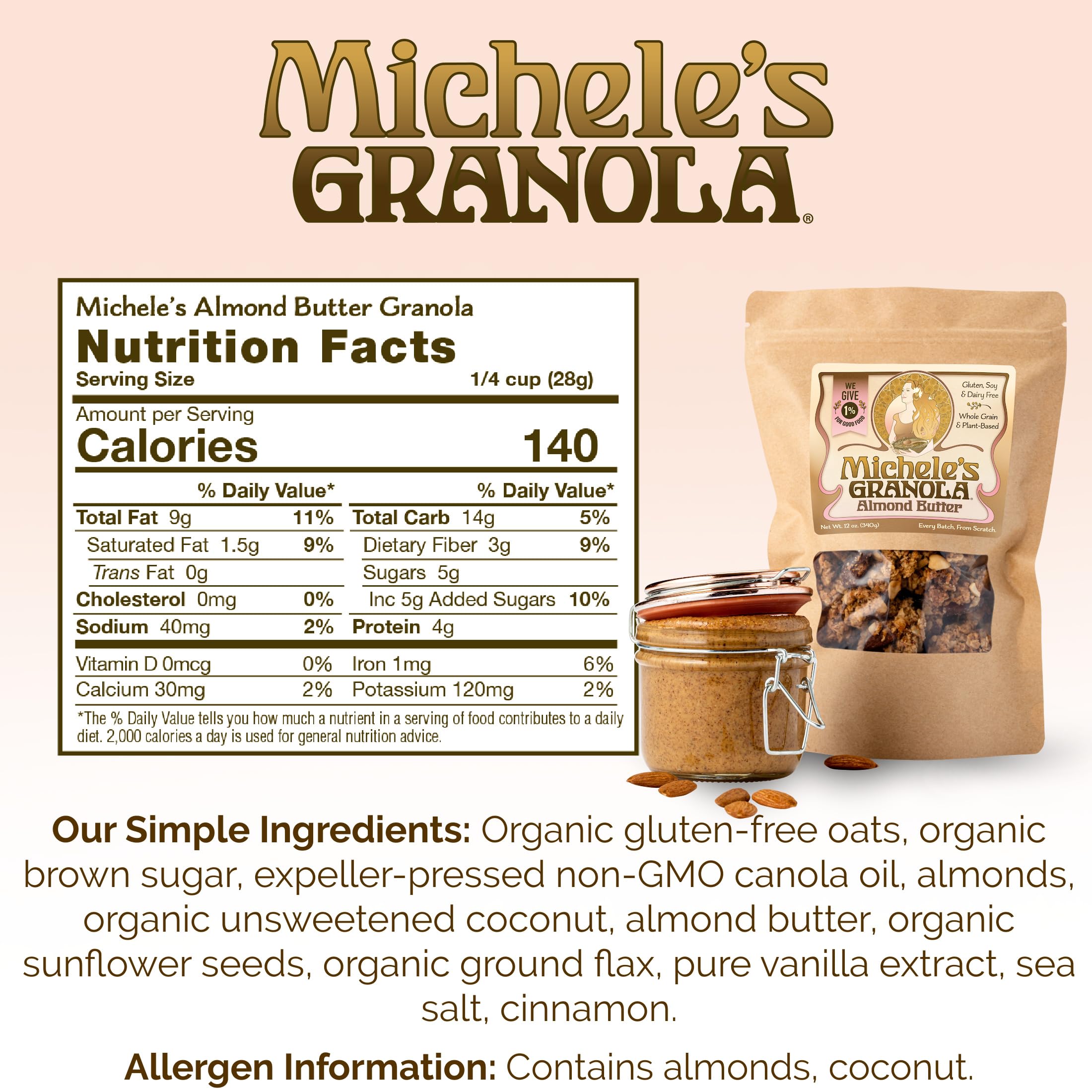 Crunchy clusters of Michele’s Granola almond butter texture close-up.