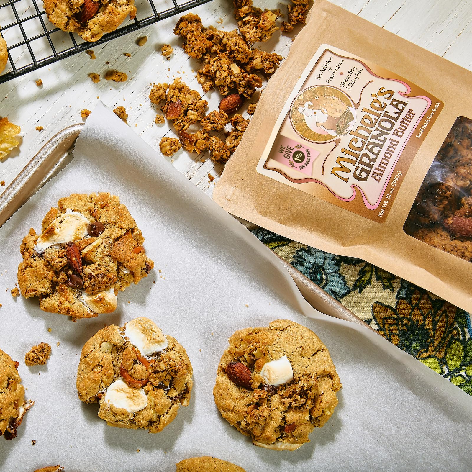 Front packaging of Michele’s Granola almond butter with allergen-free claim.