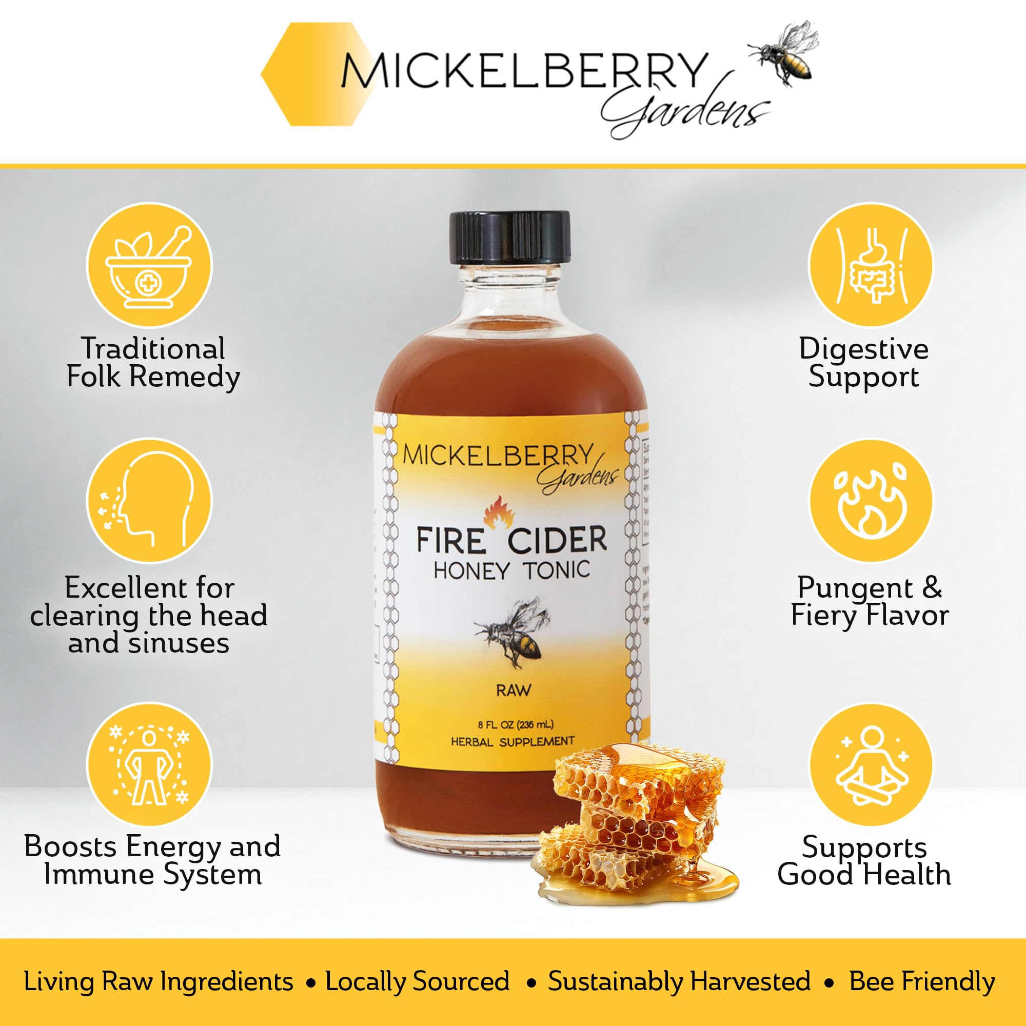 Mickelberry Gardens Fire Cider bottle featuring turmeric, ginger, and dandelion ingredients visible.