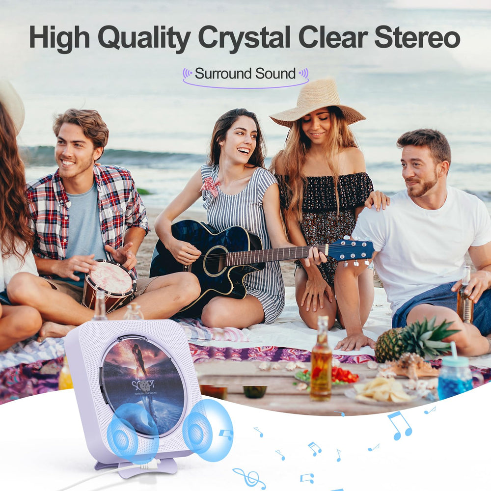 micocious portable CD player with Bluetooth connection for wireless device pairing.