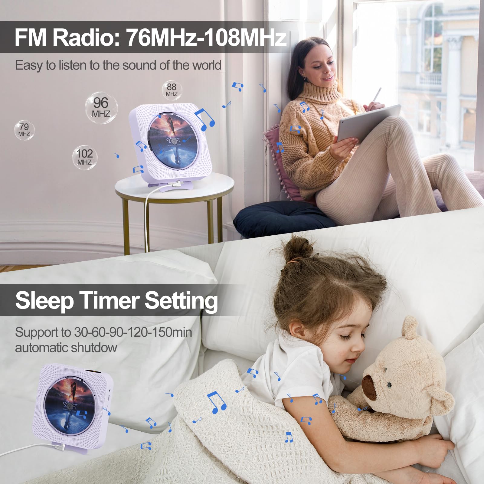 micocious compact CD player with remote and LED display for easy control.