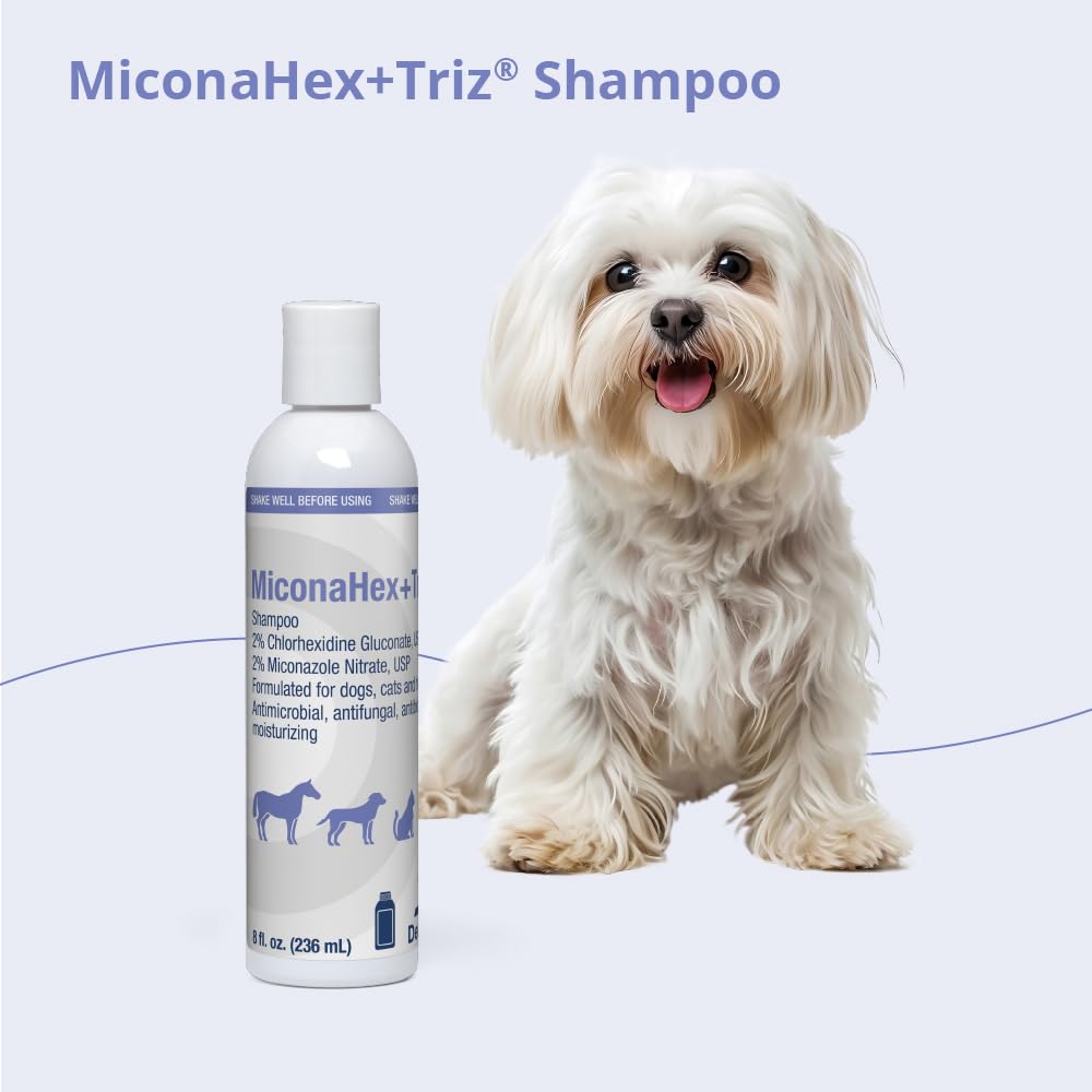 MiconaHex+Triz shampoo bath-time scene conveys routine pet skincare