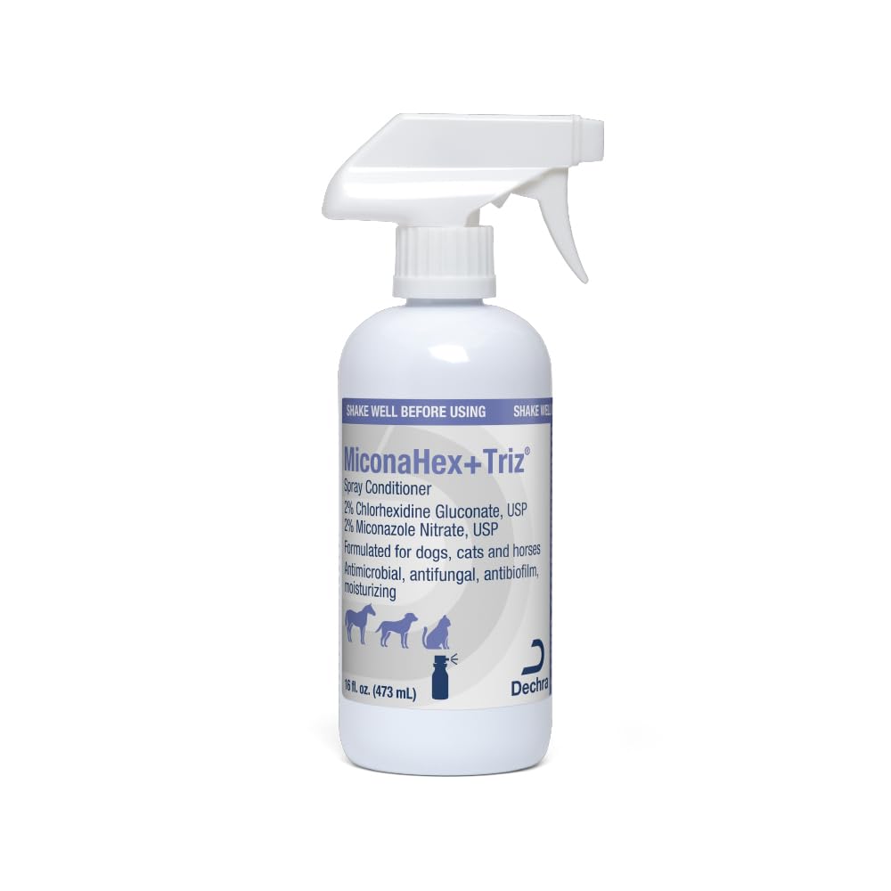 MiconaHex+Triz spray bottle closeup for easy, targeted pet skin care.