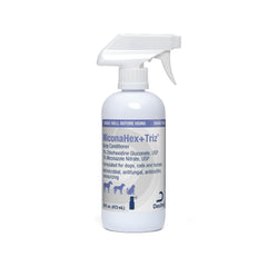 MiconaHex+Triz spray bottle closeup for easy, targeted pet skin care.