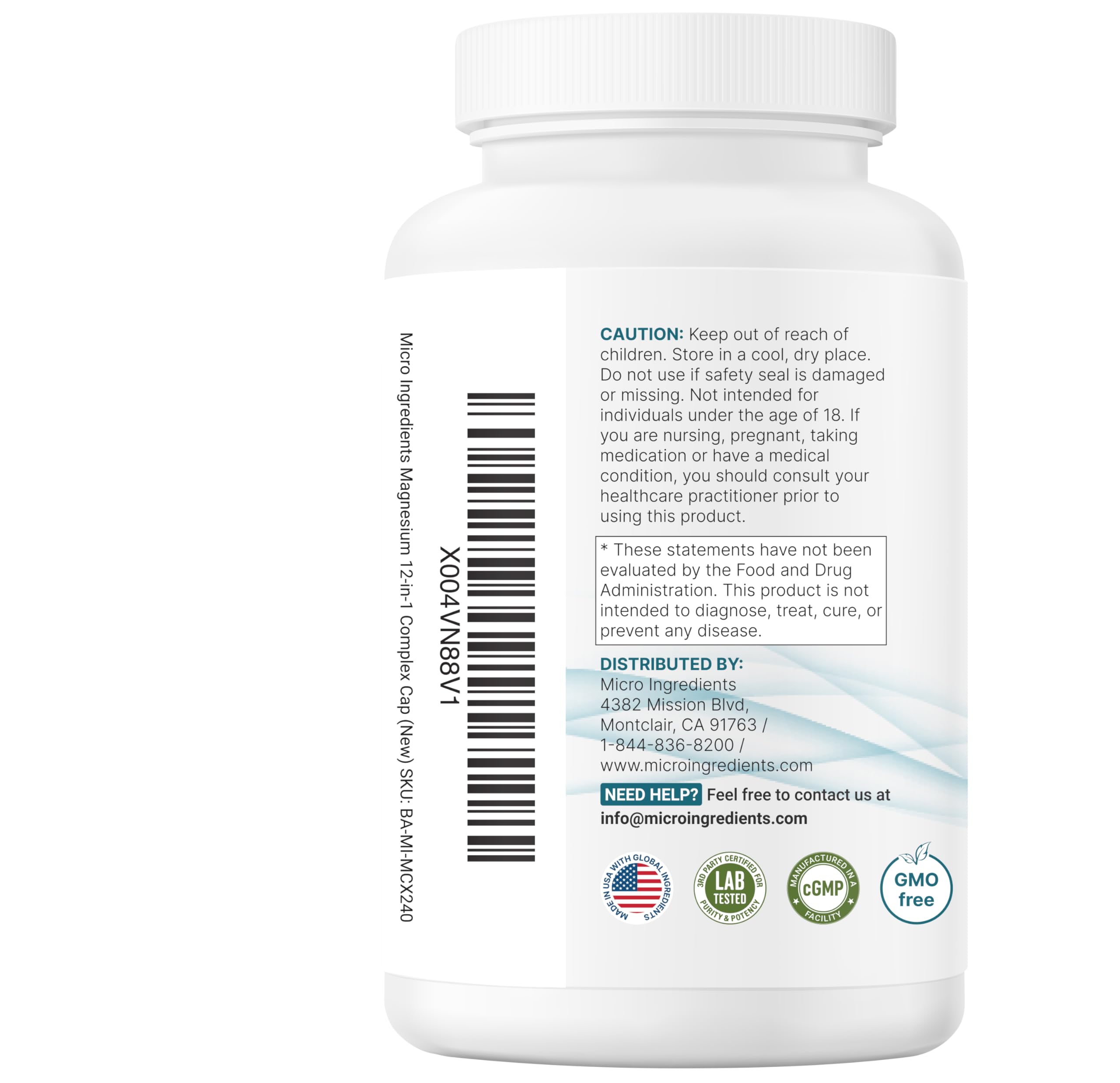 Micro Ingredients bottle side view emphasizing vegetarian capsules and quality