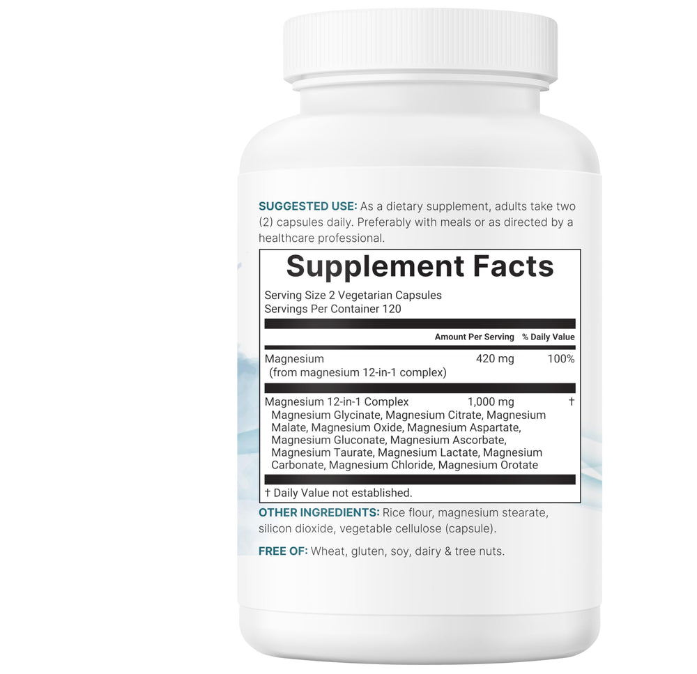 Micro Ingredients 12-in-1 formula graphic illustrating twelve magnesium sources