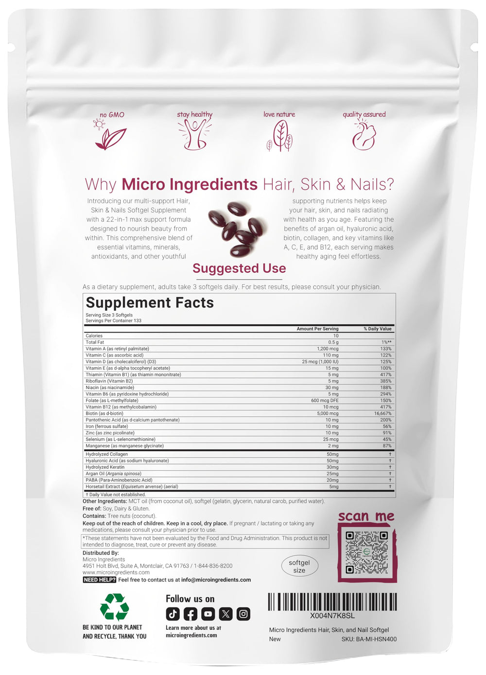 Micro Ingredients 22-in-1 formula highlights a complete beauty nutrient blend.