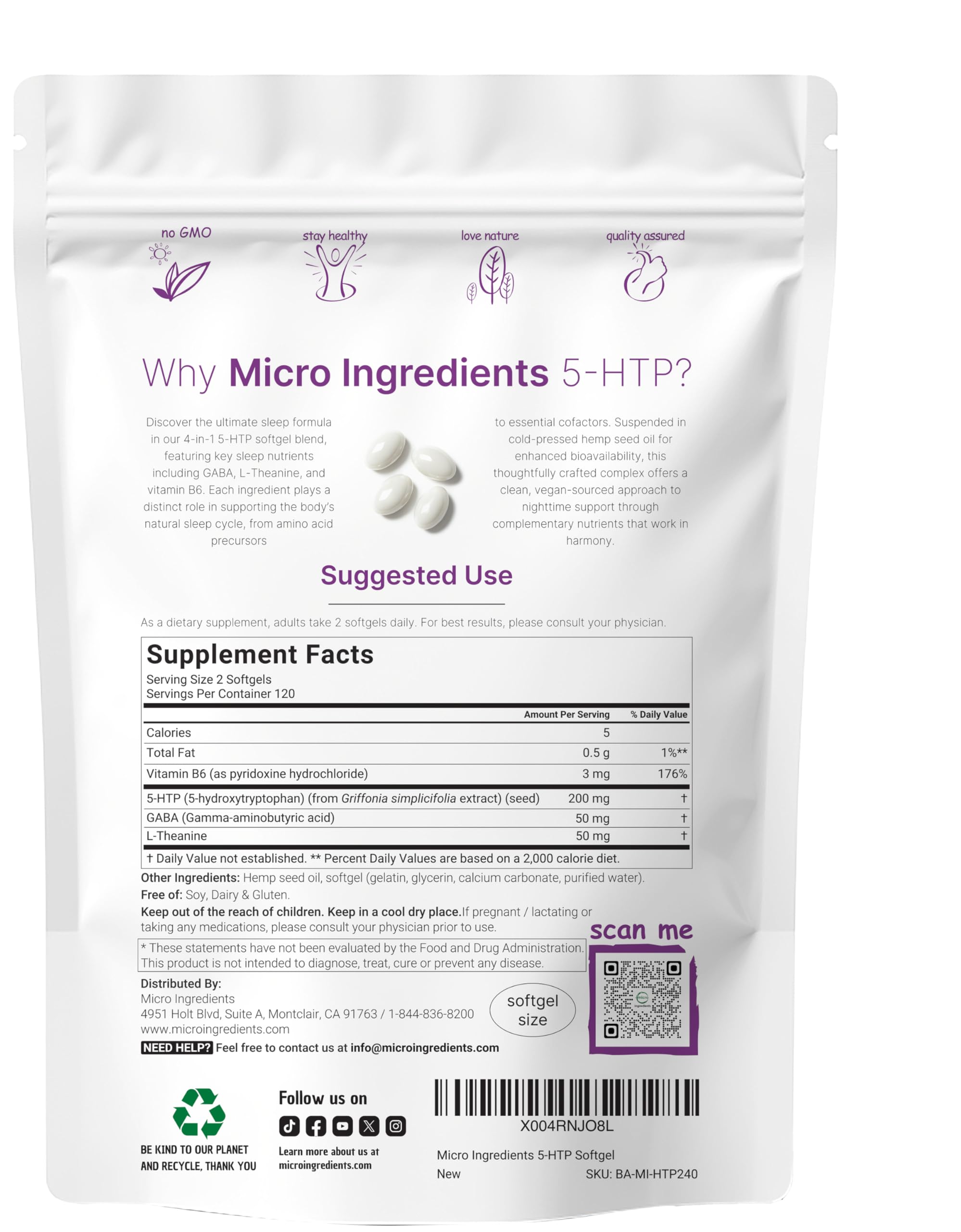 Micro Ingredients 5-HTP capsule close-up highlighting potency and value.