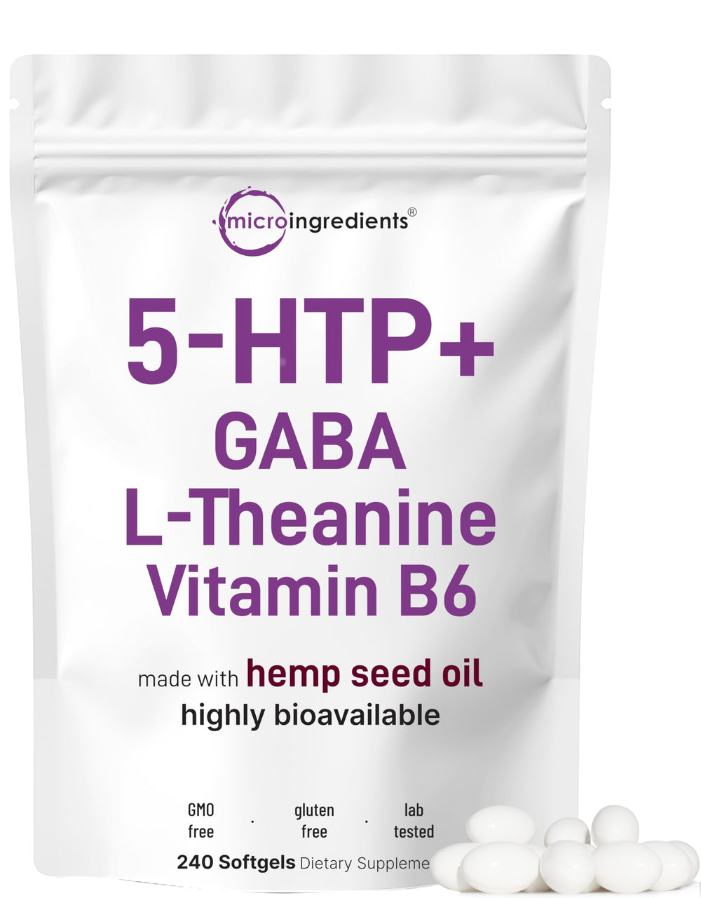 Micro Ingredients 5-HTP softgels bottle for convenient daily use and enhanced absorption.
