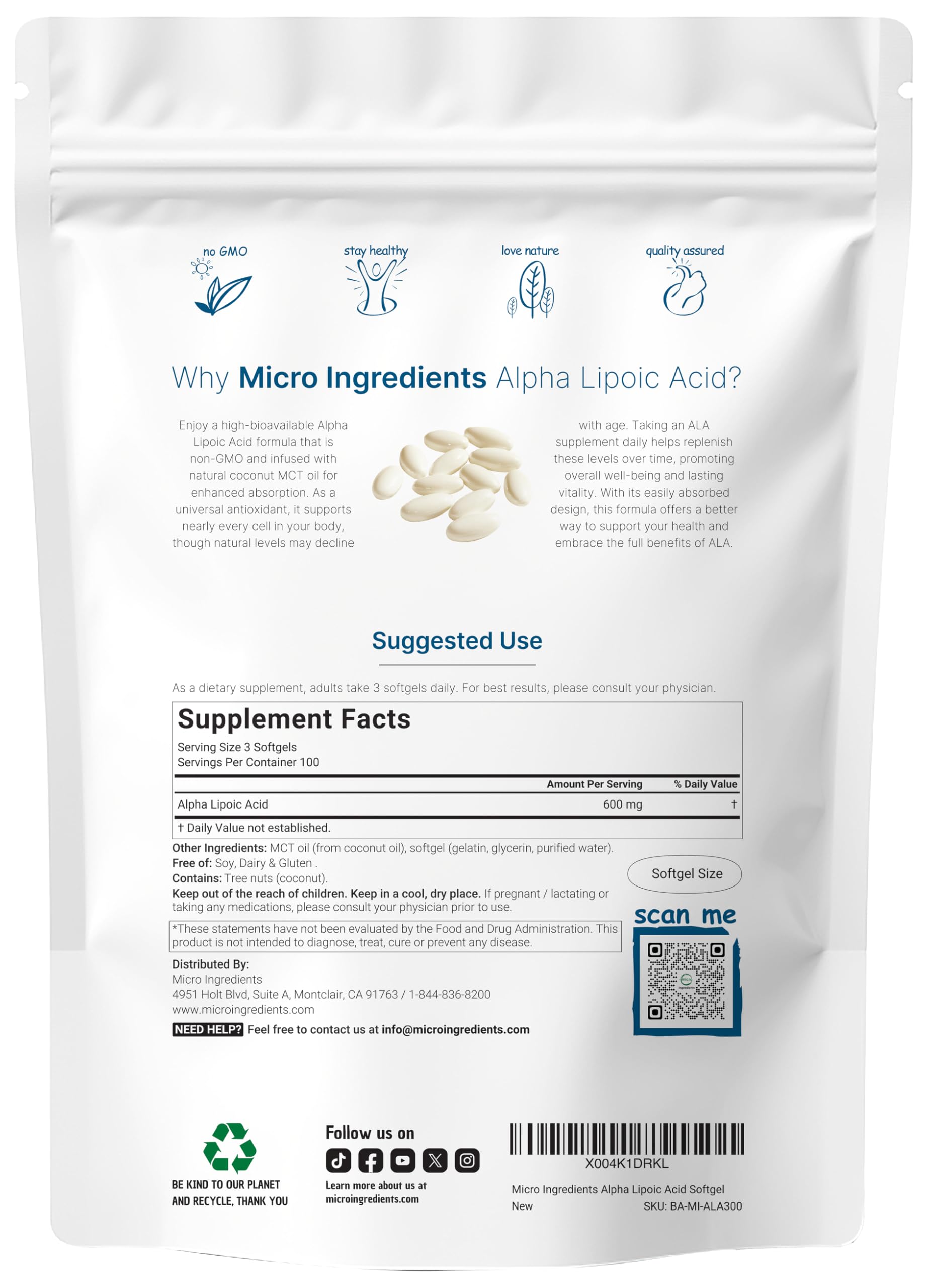 600 mg Alpha Lipoic Acid per serving with MCT oil for absorption
