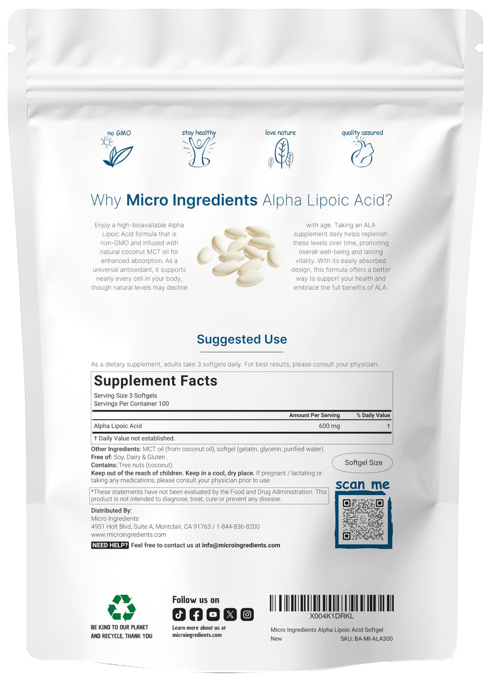 600 mg Alpha Lipoic Acid per serving with MCT oil for absorption