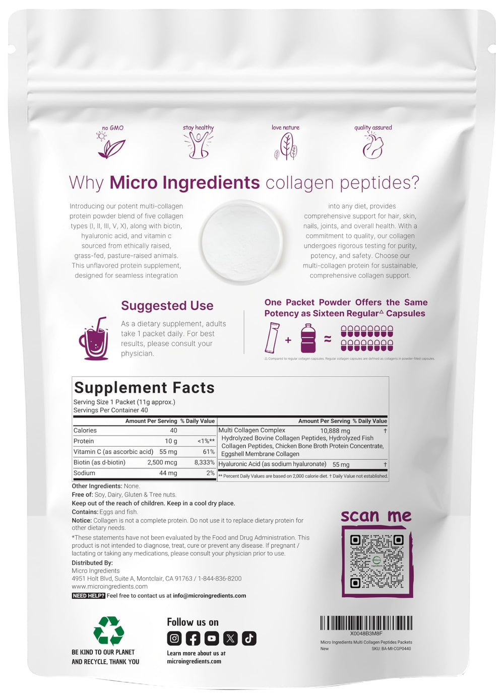 Micro Ingredients 8-in-1 collagen blend sachet for hydration and routine support.